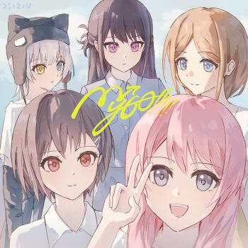  5girls animal_ear_headwear bang_dream! bang_dream!_it's_mygo!!!!! black_arm_warmers black_hair black_hat blue_eyes blue_shirt brown_eyes brown_hair chihaya_anon commentary dated_commentary fake_animal_ears grey_eyes grey_hair hat heterochromia highres hu_pi_xuan_jiao kaname_raana long_hair mole mole_under_eye multiple_girls mygo!!!!!_(bang_dream!) mygo!!!!!_logo_(bang_dream!) nagasaki_soyo open_mouth pink_hair purple_eyes raana_the_cat shiina_taki shirt takamatsu_tomori teeth upper_teeth_only v white_hair white_shirt yellow_eyes 