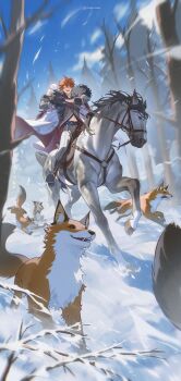  1boy absurdres animal black_gloves blue_eyes branch cape cloud commentary english_commentary fatui_coat fox from_below genshin_impact gloves grey_pants hair_between_eyes highres holding holding_reins holding_snowball horse horseback_riding navel one_eye_closed open_mouth orange_hair outdoors pants reins riding saddle short_hair sky snow snowball tartaglia_(genshin_impact) tree weyowang white_horse 