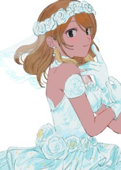  1girl bare_shoulders black_eyes bridal_veil bride brown_hair closed_mouth dark-skinned_female dark_skin dress earrings flower flower_wreath from_side gloves hands_up head_wreath highres idolmaster idolmaster_shiny_colors izumi_mei jewelry long_hair looking_at_viewer simple_background smile solo strapless strapless_dress subro veil wedding_dress white_background white_dress white_flower white_gloves 
