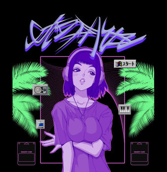  1990s_(style) arm_under_breasts black_background blush border breasts commentary commission computer english_commentary faux_retro_artstyle fern game_console half-closed_eyes hard_drive head_tilt headphones icon_(computing) instrument jewelry keyboard_(instrument) large_breasts limited_palette looking_to_the_side memory_card microsoft_windows necklace original outline outside_border parted_lips pendant pillarboxed pink_border pink_outline playstation_1 retro_artstyle shirt short_hair sideways_glance system_st91 t-shirt translation_request upper_body vaporwave windows_95 windows_classic 
