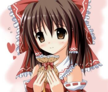  1girl blush bow brown_eyes brown_hair female_focus gradient_background hair_ornament hair_tubes hakurei_reimu long_hair smile solo touhou upper_body white_background  rating:Sensitive score:5 user:hotsushi-kun