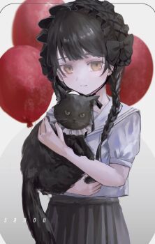  1girl animal artist_name balloon black_bonnet black_bow black_cat black_hair black_skirt blue_shirt blunt_bangs bonnet bow braid braided_twintails cat chinstrap closed_mouth commentary cowboy_shot frilled_bonnet frills hands_up holding holding_animal holding_cat long_hair looking_at_viewer low_twintails original pleated_skirt sailor_collar sanou school_uniform shirt short_sleeves skirt solo split_mouth standing swept_bangs symbol-only_commentary twin_braids twintails white_sailor_collar yellow_eyes 