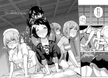  1boy 5girls absurdres all_fours armband ass barefoot blush breasts circle_formation cleavage clothes_pull commentary_request dress fake_horns fur-trimmed_dress fur_trim glasses greyscale hairband hat heavy_breathing highres horn_hairband horns indoors large_breasts monochrome multiple_girls necktie nurse nurse_cap open_mouth original panties panty_pull pantyhose pantyhose_pull sadistichime short_hair short_sleeves speech_bubble surrounded sweat translation_request trembling underwear 