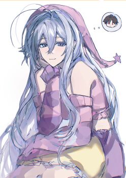  1girl 86_-eightysix- absurdres antenna_hair arm_rest chinese_commentary closed_mouth commentary_request crop_top detached_sleeves double-parted_bangs elbow_rest grey_hair hair_between_eyes hair_intakes hand_on_own_cheek hand_on_own_face hat head_rest highres imagining kuailemaoamaomao^o^ long_hair long_sleeves nightcap object_on_lap pajamas pillow purple_hat purple_pajamas purple_shirt purple_shorts purple_sleeves shinei_nouzen shirt shorts simple_background sitting smile solo speech_bubble striped_sleeves thought_bubble very_long_hair vladilena_millize white_background 