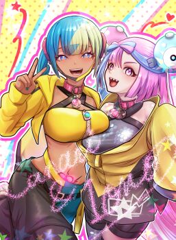  2girls :d bandeau blue_eyes breasts canari_(pokemon) character_name collar commentary_request cropped_jacket dark-skinned_female dark_skin gen_1_pokemon heart heart-shaped_pupils highres iono_(pokemon) jacket large_breasts magnemite midriff miyakura_haruto multicolored_hair multiple_girls nintendo open_mouth pants pink_eyes pokemon pubic_tattoo smile split-color_hair symbol-shaped_pupils tattoo twintails v yellow_bandeau yellow_jacket 