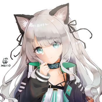  1girl animal_ear_fluff animal_ears aqua_eyes arknights black_jacket black_ribbon breasts chinese_commentary cleavage closed_mouth commentary_request dated eyes_visible_through_hair grey_hair hair_ribbon hand_up infection_monitor_(arknights) jacket long_hair long_sleeves looking_at_viewer mint_(arknights) open_clothes open_jacket partial_commentary ribbon shi_lu_wen_a simple_background small_breasts smile solo white_background 