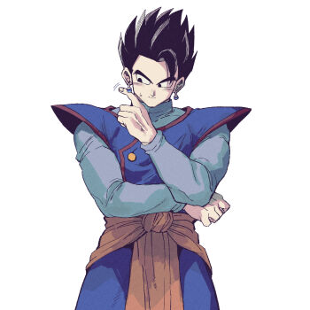  1boy black_eyes black_hair closed_mouth commentary_request dragon_ball dragonball_z earrings facing_viewer highres jewelry korean_commentary living_(nsiring) long_sleeves looking_to_the_side male_focus potara_earrings smile solo son_gohan spiked_hair sweatdrop v-shaped_eyebrows white_background 