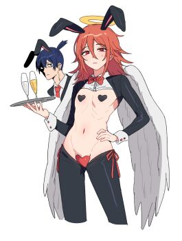  2boys alcohol angel_devil_(chainsaw_man) angel_wings animal_ears black_hiphighs black_shrug blue_hair blush bow bowtie chainsaw_man champagne collared_shrug commentary commentary_request cowboy_shot cropped_legs cuntboy english_commentary fake_animal_ears feathered_wings flipped_hair glass hair_between_eyes halo hand_on_own_hip hayakawa_aki heart_maebari heart_pasties highres hiphighs holding holding_tray implied_cuntboy korean_commentary looking_at_viewer maebari male_focus medium_hair multi-source_commentary multiple_boys navel p_(flavorppp) partially_shaded_face pasties rabbit_ears red_bow red_bowtie red_eyes red_hair red_ribbon revealing_clothes reverse_bunnysuit reverse_outfit ribbon short_hair shrug_(clothing) sidelocks simple_background stomach sweatdrop tray white_background white_wings white_wrist_cuffs wings wrist_cuffs 