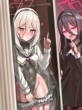  ! !! absurdres alternate_breast_size_(larger) aris_(blue_archive) black_dress black_hair black_leotard black_neckerchief blue_archive blush breasts commentary_request cosplay covered_navel curtains dress dressing_room finger_to_mouth frilled_thigh_strap glitch glowing glowing_eyes hair_between_eyes halo heart heart_in_eye highres indoors kei_(blue_archive) kei_(new_body)_(blue_archive) korean_commentary leotard long_hair long_hair_between_eyes long_sleeves motion_lines neckerchief open_mouth pointing pointing_up railing rectangular_halo red_eyes red_halo sailor_collar shimiko_(blue_archive) shimiko_(blue_archive)_(cosplay) shimiko_(magical)_(blue_archive) sideboob signature solharuu sparkle symbol_in_eye thigh_strap very_long_hair white_hair white_sailor_collar wooden_railing 