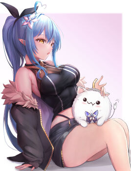  1girl absurdres ahoge alternate_costume armpit_crease black_jacket black_shorts blue_hair blush breasts colored_tips commentary_request cosplay crop_top elf fur-trimmed_jacket fur_trim gradient_hair hair_between_eyes heart heart_ahoge highres hololive jacket large_breasts long_hair long_sleeves looking_at_viewer midriff multicolored_hair open_clothes open_jacket open_mouth pink_hair pointy_ears ponytail shirt shishiro_botan shishiro_botan_(cosplay) short_shorts shorts simple_background sitting sleeveless sleeveless_shirt ssrb_(shishiro_botan) ssrb_(shishiro_botan)_(cosplay) victormok85 virtual_youtuber yellow_eyes yukihana_lamy yukimin_(yukihana_lamy) 