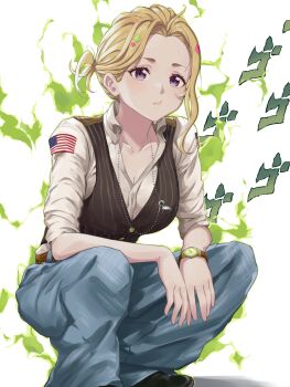  aki_rosenthal american_flag black_shoes black_vest blonde_hair blue_pants breasts commentary cosplay denim dog_tags dress_shirt forehead full_body guile guile_(cosplay) hair_slicked_back highres hololive jeans looking_ahead medium_breasts menacing_(jojo) pants partially_unbuttoned patch pinstripe_pattern pinstripe_vest ponytail purple_eyes rena_sakuma shirt shoes short_ponytail shoulder_patch squatting street_fighter street_fighter_6 symbol-only_commentary vest virtual_youtuber waistcoat watch white_shirt wristwatch 