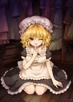  1girl apron back_bow bib_collar black_dress blonde_hair bow cleaning_maid_(touhou) closet collared_dress commentary_request dress finger_to_mouth frilled_dress frilled_dress_collar frills full_body hat kneeling lips long_hair maid_apron mika_(alquermes) mob_cap one_eye_closed portrait_of_exotic_girls short_sleeves signature smile solo touhou unworn_dress white_apron white_bow white_hat wooden_floor yellow_eyes 