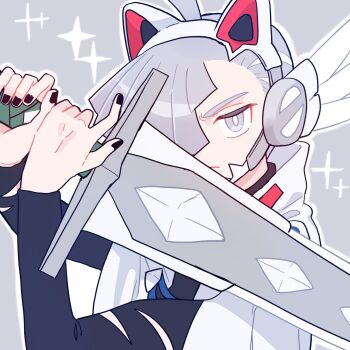  1boy alternate_costume alternate_eye_color alternate_hair_color aria_pkmn black_nails black_shirt bright_pupils cape closed_mouth commentary gladion_(pokemon) grey_background grey_eyes grey_hair hair_over_one_eye hands_up headset highres holding holding_sword holding_weapon male_focus nail_polish nintendo outline pokemon pokemon_sm shirt short_hair solo sparkle sword torn_clothes torn_shirt untranslatable_commentary upper_body weapon white_cape white_pupils 