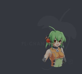  :d ahoge blush elbow_gloves fl-chan fl_studio gloves green_hair headphones microphone official_art open_mouth orange_eyes red_eyes short_hair simple_background smile upper_body uruido  rating:Sensitive score:2 user:PearFinch