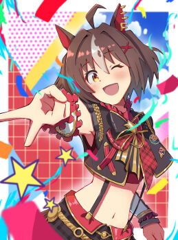  1girl :d absurdres ahoge animal_ear_piercing animal_ears bare_shoulders black_bow black_vest bow breasts brown_eyes brown_hair commentary_request confetti cowboy_shot crop_top cropped_vest ear_ornament earclip frilled_wristband gran_alegria_(smile_my_way!)_(umamusume) gran_alegria_(umamusume) groin hair_between_eyes hair_ornament highres horse_ears horse_girl horse_tail index_finger_raised kasuokasuto light_blush looking_at_viewer medium_hair midriff multicolored_hair navel official_style open_mouth red_shirt shirt sidelocks sleeveless sleeveless_shirt small_breasts smile solo standing star_(symbol) streaked_hair suspenders tail umamusume v vest white_hair x_hair_ornament 