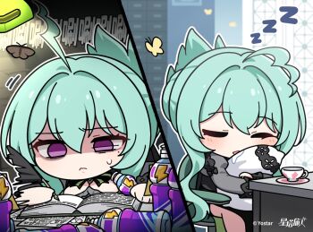  1girl ahoge aqua_hair book bottle chibi chibi_only chinese_commentary chinese_text closed_eyes commentary_request cup desk_lamp drooling energy_drink frown holding holding_bottle hugging_object lamp mole mole_under_eye nyx_(stella_sora) official_art open_book pillow purple_eyes quill saucer shaded_face short_hair_with_long_locks sleeping sleeping_upright sound_effects stella_sora sweatdrop teacup translation_request writing zzz 