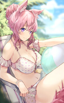  1girl absurdres animal_ear_fluff animal_ears antenna_hair armpits ball bare_shoulders beachball bikini black_choker blush braid braided_bun breasts choker cleavage closed_mouth collarbone commentary_request crown_braid frilled_bikini frills hair_bun hair_ornament hakui_koyori highres hololive hololive_summer_2022_swimsuit kuronyan9630 long_hair looking_at_viewer medium_breasts navel outdoors palm_tree pink_hair pink_tail purple_eyes solo swimsuit tree upper_body virtual_youtuber white_bikini wolf_ears wolf_girl 