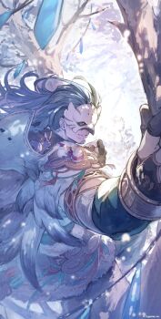  1boy bennu_(granblue_fantasy) facial_hair fingerless_gloves from_below gloves goatee granblue_fantasy grey_hair grin long_hair mask official_art smile solo tree 