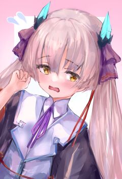  1girl averting_eyes commentary_request flustered fuuka_koji grey_hair hair_ornament hair_ribbon heaven_burns_red highres neck_ribbon ogasawara_hisame ribbon sideways_glance twintails yellow_eyes 