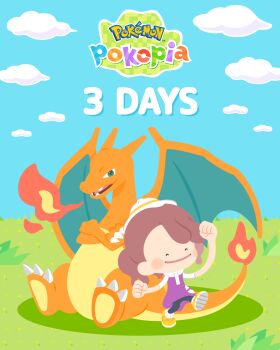  charizard cloud cloudy_sky countdown ditto dragon fire gen_1_pokemon grass highres nintendo official_art pokemon pokemon_(creature) pokemon_pokopia promotional_art shadow sky transformed_ditto 