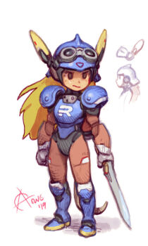  1other androgynous animal_ears armor armored_boots arne_(android_arts) blonde_hair blue_boots boots brown_eyes fake_animal_ears goggles goggles_on_headwear helmet holding holding_sword holding_weapon humanization long_hair no_pupils pauldrons power_armor rocket_knight_adventures shoulder_armor signature solo sparkster sword tail thrusters weapon 