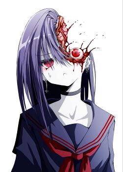  1girl :< black_choker blood blood_on_face bloodshot_eyes brain choker collarbone commentary_request cross cross_earrings disembodied_eye ear_piercing earrings gorezono_neo_(yu-ki_iwata) guro highres injury inverted_cross inverted_cross_earrings jewelry long_hair looking_at_viewer neckerchief original pale_skin piercing purple_hair red_eyes red_neckerchief sailor_collar school_uniform serafuku simple_background solo upper_body white_background yu-ki_iwata 