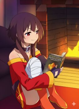  bandaged_leg bandages book boots brown_hair couch dress fireplace holding holding_book megumin reading red_dress red_eyes 