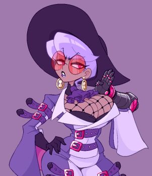 1girl 2022 altjira_(gemu) angry annoyed arm_strap ascot bell-bottoms black_lips breasts chest_strap cleavage clenched_teeth collarbone commentary contrapposto cowboy_shot curvy dark-skinned_female dark_skin earrings elbow_gloves english_commentary female_focus fishnet_thighhighs fishnet_top fishnets flats full_body gloves gold half-closed_eyes hand_on_own_hip hat jewelry joints lapels large_breasts long_sleeves looking_to_the_side mechanical_arms narrow_waist notched_lapels original pants peachems_(gemu) purple_ascot purple_background purple_hair purple_lips purple_shirt red-tinted_eyewear robot_joints shirt short_hair simple_background single_mechanical_arm smoke solo sun_hat sunglasses teeth thighhighs tinted_eyewear two-tone_shirt upper_teeth_only wide_sleeves