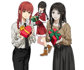  3girls artist_request black_hair box braid chainsaw_man dress formal_clothes gift gift_box green_eyes highres long_hair long_skirt makima_(chainsaw_man) multiple_girls nayuta_(chainsaw_man) red_hair ringed_eyes santa_claus_(chainsaw_man) santa_costume santa_dress single_braid skirt smile suit sweater white_background yellow_eyes  rating:General score:5 user:Xalrun