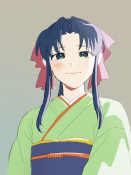  1girl absurdres black_hair blue_eyes blue_sash blush closed_mouth commentary_request green_kimono grey_background hair_intakes hair_ribbon highres japanese_clothes kamiya_kaoru kimono light_smile long_hair looking_at_viewer nasubi_(user_agpx4547) obi parted_bangs pink_ribbon ribbon rurouni_kenshin sash sidelocks solo upper_body 