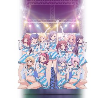  6+girls :d ahoge artist_request black_hair blonde_hair bow brown_hair chitose_haru choker double_bun elbow_gloves female_focus frills glasses gloves gushiken_shupe hair_bow hair_ornament hairband hand_gesture high_heels highres holding holding_microphone kintoki_kotoko kneeling kumagai_eri looking_at_viewer microphone miniskirt mitsukuri_sasame morooka_roro mukae_kiri mukae_uori multiple_girls musical_note musical_note_print nishio_miku official_art ongaku_shoujo open_mouth pink_hair purple_hair ryuuou_sarasa skirt smile stage standing striped tagme transparent_background twintails white_gloves yukino_hiyo  rating:Sensitive score:4 user:SystemError