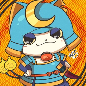  absurdres blush bushinyan commentary_request fire flame-tipped_tail highres hitodama looking_at_viewer multiple_tails no_humans notched_ear patterned_background smile solo suzu_youkai tail two_tails yellow_fur youkai_(youkai_watch) youkai_watch 