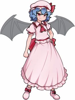  1girl absurdres ascot bat_wings blue_hair brooch collar commentary_request dagger131134_(kama_astor) dress embodiment_of_scarlet_devil fang frilled_dress frilled_sleeves frills hand_on_own_hip hat hat_ribbon highres jewelry mob_cap pink_hat pink_shoes puffy_short_sleeves puffy_sleeves red_ascot red_eyes remilia_scarlet ribbon shoes short_hair short_sleeves simple_background skirt skirt_set solo touhou white_background wings 