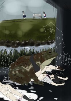 1boy 3girls ass bestiality black_hair blush breasts brown_hair bulge clothing_aside cum cum_in_pussy frog giant giant_monster japanese_text lying medium_breasts medium_hair multiple_girls open_mouth original panties pink_panties school_uniform sex sex_from_behind size_difference speech_bubble tekeno twintails underwear vaginal