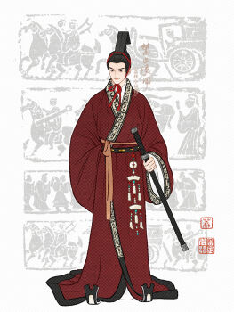  1boy black_eyes black_hair chinese_clothes chinese_commentary chinese_text closed_mouth commentary_request full_body hair_pulled_back hanfu hat highres holding holding_sword holding_weapon lizhi_xiaochaorou long_sleeves looking_at_viewer male_focus original robe sash sheath sleeves_past_wrists solo standing sword topknot weapon white_background wide_sleeves xiao_guan_(headdress) yaopei zhijupao 