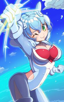  1girl absurdres bad_proportions breasts cleavage clenched_hand clenched_hands commentary_request day dog&amp;cat_tail gloves highres leaning_forward leotard looking_at_viewer medium_breasts medium_hair nintendo one_eye_closed outdoors palafin palafin_(hero) personification pokemon standing 