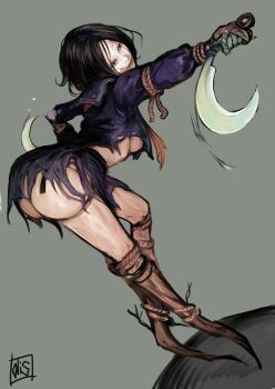  1girl absurdres ass ayakakashi black_hair black_serafuku breasts disorder! grey_background highres holding holding_weapon monster_girl rope school_uniform serafuku signature silent_hill_(series) silent_hill_f simple_background skirt torn_clothes torn_skirt underboob weapon  rating:Sensitive score:29 user:danbooru