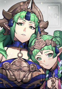  2girls alt_text blush braid breasts commentary dual_persona english_commentary face_to_breasts fire_emblem fire_emblem:_fortune's_weave fire_emblem:_three_houses green_eyes green_hair hair_ornament hair_ribbon headpiece height_difference highres large_breasts long_hair looking_at_another looking_at_viewer multiple_girls nintendo open_mouth pointy_ears ribbon ribbon_braid sothis_(adult)_(fire_emblem) sothis_(fire_emblem) tassel tassel_hair_ornament tiara time_paradox twin_braids upper_body yusi_vishnu 