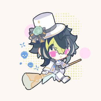  1boy alternate_costume artist_name ascot black_hair broom broom_riding c: chibi commentary_request formal_clothes gloves green_hair grey_vest hashtag-only_commentary hat highres inami_rai jacket looking_at_viewer male_focus multicolored_hair nijisanji pants pink_eyes shoes short_hair shuxingbuming_moxiaobai sidesaddle simple_background skull smile solo streaked_hair suit thigh_strap top_hat vest virtual_youtuber white_ascot white_background white_gloves white_hat white_jacket white_pants white_shoes white_suit 