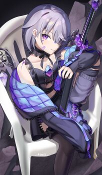  1girl absurdres aokii artist_name bandaid bandaid_on_cheek bandaid_on_face bandaid_on_nose black_ribbon chair chest_jewel choker commentary devil_may_cry_(series) ear_piercing english_commentary frilled_choker frills highres holding holding_sword holding_weapon hololive hololive_english jacket jewel_under_eye katana koseki_bijou koseki_bijou_(casual) leg_warmers long_sleeves looking_at_viewer meme midriff nail_polish official_alternate_costume piercing purple_eyes purple_hair purple_nails ribbon shoes short_hair sitting sleeves_past_fingers sleeves_past_wrists sword vergil's_chair_(meme) virtual_youtuber weapon 