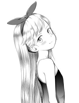  1girl absurdres bare_shoulders character_request closed_mouth competition_school_swimsuit copyright_request flat_chest from_side greyscale hairband head_tilt highres long_hair looking_at_viewer looking_to_the_side mayafufu monochrome one-piece_swimsuit school_swimsuit simple_background smile solo standing swept_bangs swimsuit upper_body white_background  rating:Sensitive score:2 user:danbooru