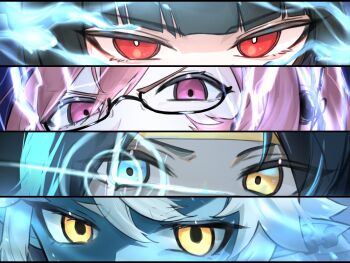  1boy 3girls asaba_harumasa black_hair blue_eyes blue_skin blunt_bangs colored_skin commentary_request eye_focus grey_hair highres hoshimi_miyabi lightning makyaron multiple_girls pink_eyes pink_hair red_eyes soukaku_(zenless_zone_zero) tsukishiro_yanagi yellow_eyes zenless_zone_zero 