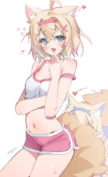  2girls absurdres animal_ear_fluff animal_ears bandaid bandaid_hair_ornament bare_shoulders belt blush breasts chocosong commentary_request dog_ears dog_girl dog_tail fake_horns fuwawa_abyssgard hair_ornament hairband highres hololive hololive_english horn_hairband horns mococo_abyssgard multiple_girls navel pink_belt pink_hairband short_shorts shorts siblings sisters solo_focus strap tail twins virtual_youtuber white_background 