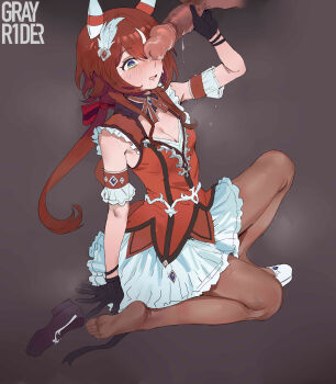  1boy 1girl absurdres animal_ears artist_name asymmetrical_footwear bad_source black_gloves black_shoes blush breasts brown_pantyhose cleavage disembodied_penis drooling ear_covers ear_ornament erection feet gloved_handjob gloves green_eyes grey_knight_(mozzleq77804) handjob heart heart-shaped_pupils hetero highres horse_ears horse_girl horse_tail long_hair looking_at_penis low_twintails medium_breasts miniskirt mismatched_footwear open_mouth pantyhose penis precum red_hair red_shirt red_tail shirt shoes single_shoe skirt steaming_body symbol-shaped_pupils tail twintails umamusume white_shoes white_skirt win_variation_(dramatic_tutu)_(umamusume) win_variation_(umamusume) 