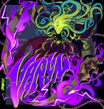  1other armor black_border border chain character_name check_gender cherepyashka commentary english_commentary fire gem gender_request green_gem green_hair highres hytale lightning long_hair no_mouth no_nose outside_border purple_fire varyn 