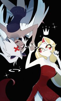  2girls angel angel_and_devil angel_wings black_dress blonde_hair broken_halo charlie_morningstar circle_facial_mark colored_sclera colored_skin couple crown demon_girl dress eyepatch grey_skin halo hazbin_hotel hellaverse highres holding_hands long_dress marumaru_i_mo multiple_girls pink_sclera red_dress red_eyes side_slit smile strapless strapless_dress thighs vaggie wings yellow_eyes yellow_sclera yuri 