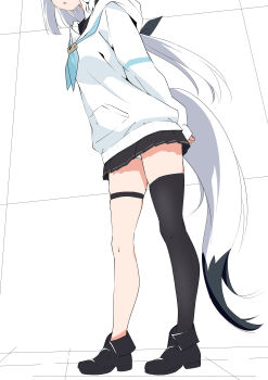  1girl absurdres alternate_costume arm_behind_back black_bow black_shoes black_skirt black_thighhighs bow commentary_request fox_girl fox_tail hair_bow highres hololive hood hoodie long_hair open_mouth ponytail shirakami_fubuki shirayuki_(snow_link) shoes single_thighhigh skirt solo tail thigh_strap thighhighs virtual_youtuber white_hair white_hoodie 