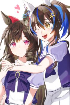  2girls animal_ears blue_hair blush bow bowtie braid brown_hair closed_mouth collarbone colored_inner_hair commentary_request daiichi_ruby_(umamusume) daitaku_helios_(umamusume) drill_hair drill_sidelocks ear_covers ear_flower ear_ornament facial_tattoo flower hair_between_eyes hair_bow hair_ornament hairclip heart highres horse_ears horse_girl long_hair metaninjin multicolored_hair multiple_girls one_eye_closed open_mouth pleated_skirt puffy_short_sleeves puffy_sleeves purple_bow purple_bowtie purple_eyes purple_shirt red_bow sailor_collar sailor_shirt school_uniform shirt short_sleeves side_drill side_ponytail sidelocks simple_background skirt smile star_(symbol) star_hair_ornament streaked_hair tattoo tracen_school_uniform twin_drills umamusume white_background white_sailor_collar white_skirt yellow_eyes 