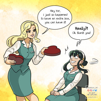  1girl black_hair blonde_hair breasts business_suit camilla_(spy_x_family) chair dress earrings formal_clothes gold_earrings hairband jewelry large_breasts laurencel_art long_hair office office_chair office_lady pencil_skirt red_eyes sidelocks skirt skirt_suit solo spy_x_family suit swivel_chair yor_briar 