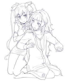  2girls barefoot blush breasts commentary_request dungeon_ni_deai_wo_motomeru_no_wa_machigatteiru_darou_ka flat_chest hair_ribbon hands_on_another's_shoulders hestia_(danmachi) highres hiyajou_maho kneeling long_hair medium_breasts menomorute multiple_girls ribbon science_adventure simple_background smile steins;gate steins;gate_0 surprised twintails very_long_hair white_background 